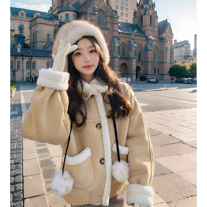 甜妹秘籍 冬季皮毛一体羊羔毛翻领厚外套+高腰显瘦短裙子两件套女,女装/女士精品,时尚套装,淘宝优惠券,粉丝福利购,淘宝优惠卷