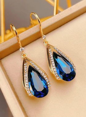 日韩设计感水滴形蓝色水晶项链耳钩配饰时尚气质个性简约套链饰品