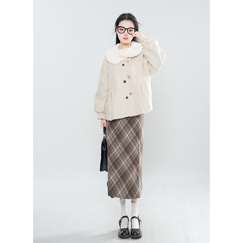 卡布奇诺 卡其色毛呢套装女小个子毛领加厚外套+格纹半裙两件套,女装/女士精品,时尚套装,淘宝优惠券,粉丝福利购,淘宝优惠卷