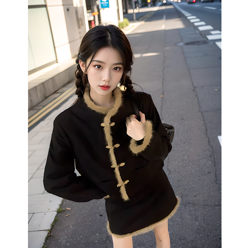 圣日尔曼  新中式盘扣毛领边国风上衣短外套半身裙短裙两件套装女,女装/女士精品,时尚套装,淘宝优惠券,粉丝福利购,淘宝优惠卷