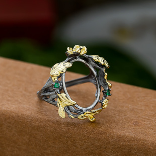 s925纯银意大利风格黑金戒指空托10*14 11*15 12*16 13*17 14*18