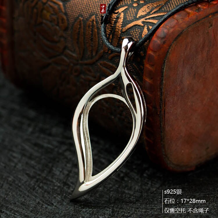 s925纯银不规则树叶水滴蜜蜡绿松琥珀镶嵌吊坠托空托银托17*28mm