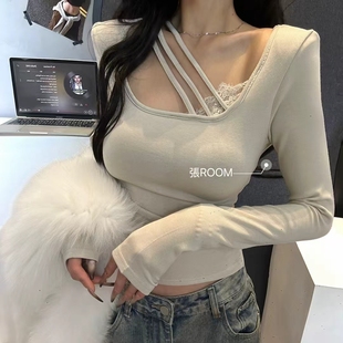 加绒垫肩上衣 纯欲打底衫 张ROOM设计感U领拼接蕾丝露锁骨长袖 修身