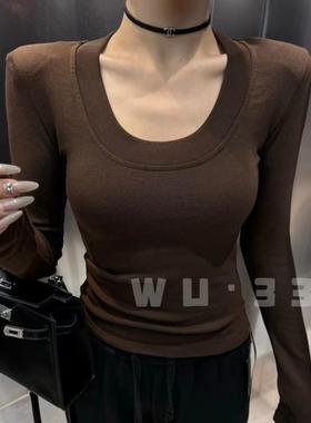 wu33冬季新款韩版U领长袖羊绒磨毛打底衫露锁骨垫肩修身T恤女上衣
