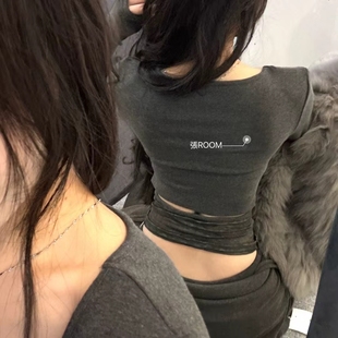 垫肩上衣镂空露背拼接蕾丝磨毛打底衫 纯欲方领修身 新款 张ROOM冬季