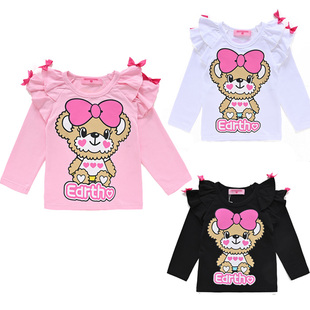 现货 earthmagic em 儿童女童装卡通小熊春秋纯棉花边长袖T恤打底