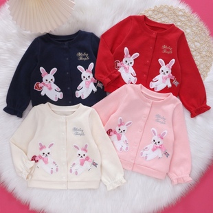 Shirley temple儿童装春秋新款ST女童卡通兔子刺绣外套开衫针织衫