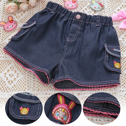 mp钢琴家童装日系卡通可爱甜美小兔刺绣花边牛仔短裤女儿服热裤子
