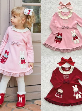 现货  ST秀兰邓波女童装小兔子礼物盒抓绒长袖连衣裙可爱儿童装