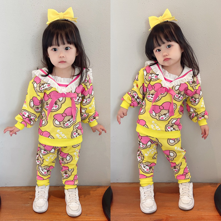 现货 earthmagic em 女童装黄色满印小熊海军领卫衣长袖长裤套装