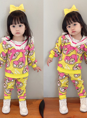 现货 earthmagic em 女童装黄色满印小熊海军领卫衣长袖长裤套装