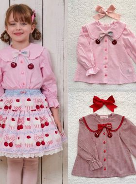 现货 shirley temple st 日系女童学院风格子樱桃蝴蝶结长袖衬衫