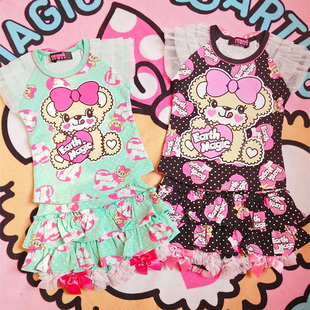 现货 Earthmagic em 同款 女童小熊头满印花边蝴蝶结短袖+短裤
