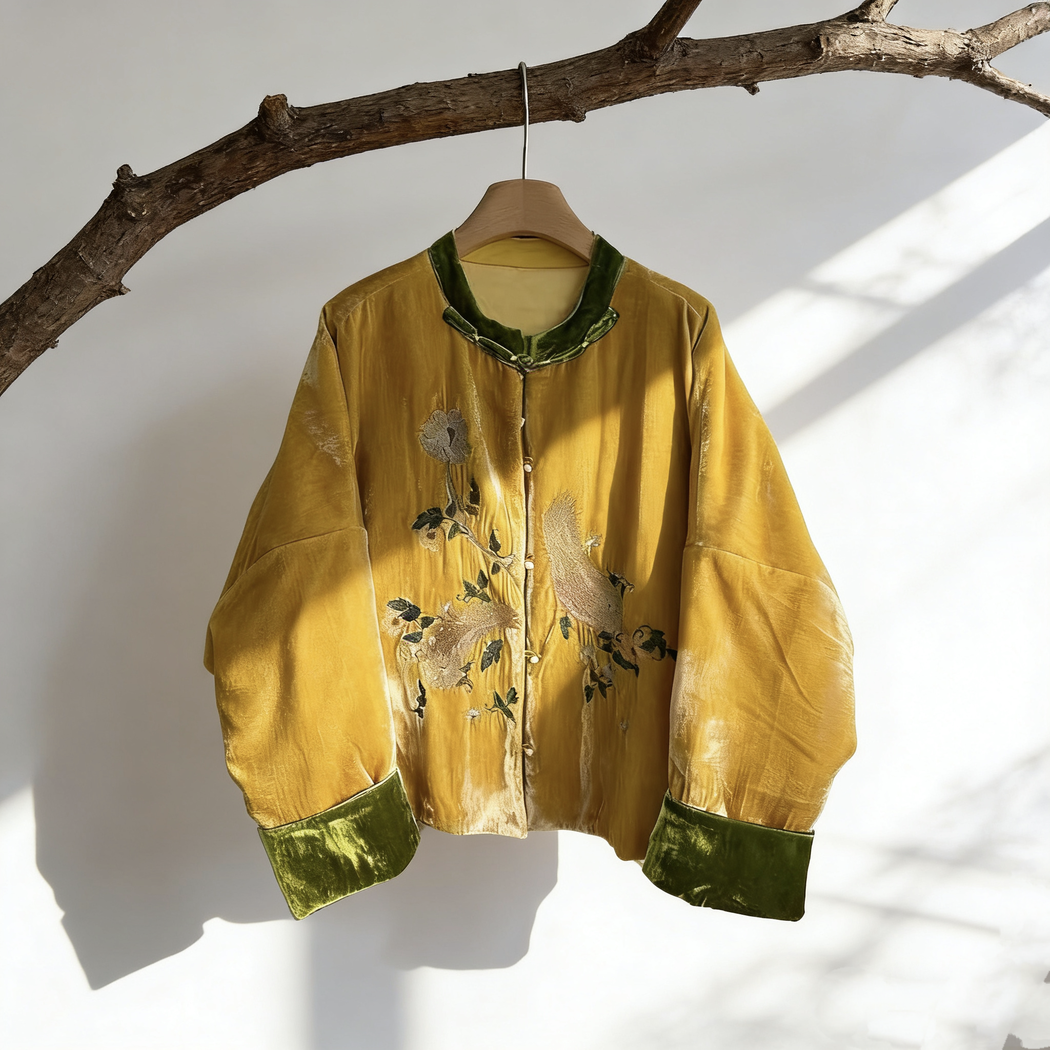 新中式国风女装金丝绒丝棉宽松大码枝头小鸟刺绣棉服上衣棉袄外套