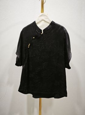 22姆米桑蚕丝新中式国风女装新款现货真丝提花斜襟短袖上衣