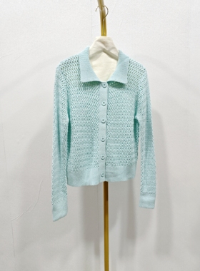 w*mber薄荷绿镂空针织开衫女Polo领复古小众设计感长袖毛衣针织衫
