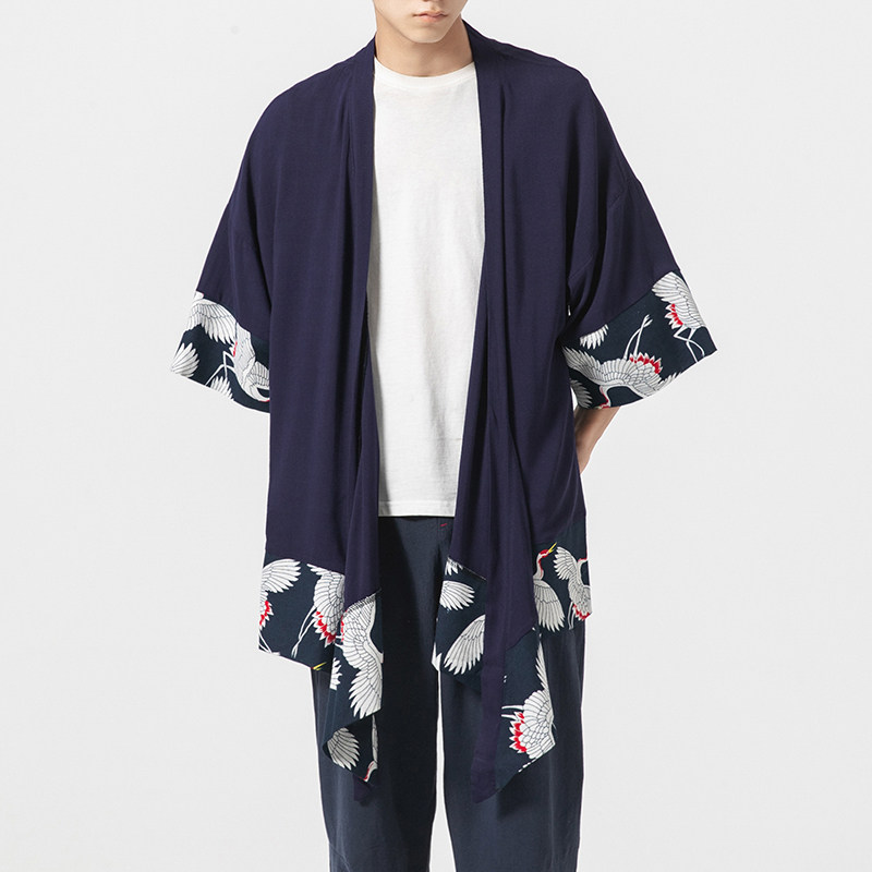 风中长款棉麻风衣汉服道袍仙鹤日系大码披风F10/P65,男装民族服装,钱塘713