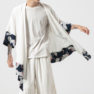 夏季风中长款拼接棉麻风衣汉服道袍仙鹤日系大码 F10/P65图片