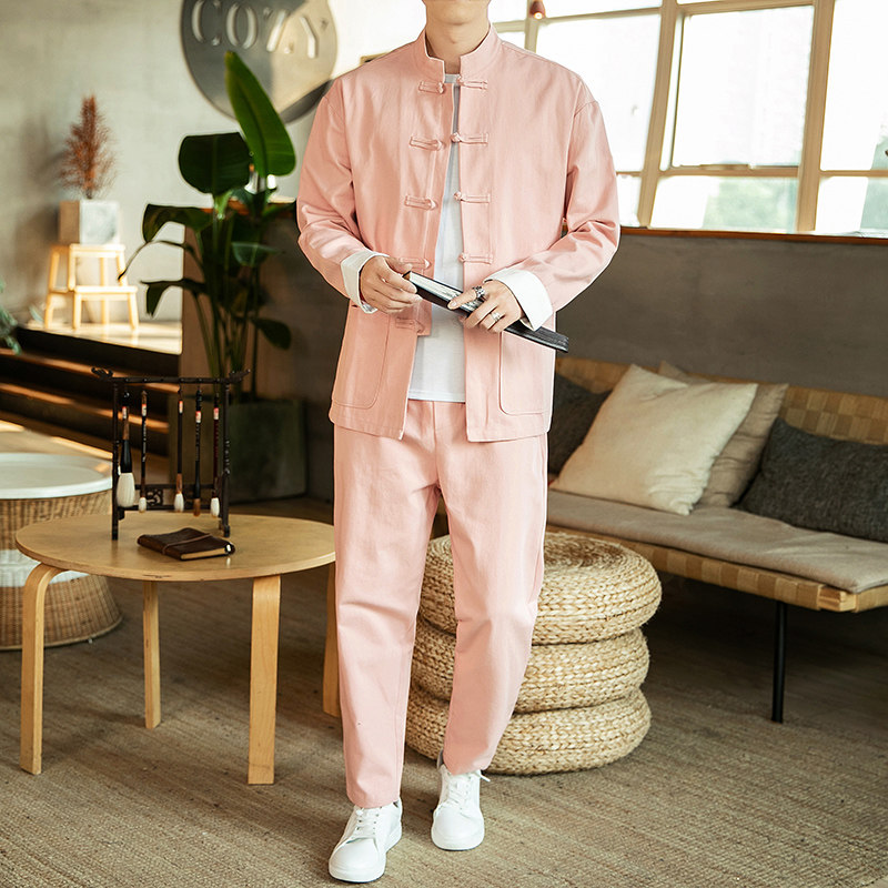 风秋装复古盘扣休闲居士服唐装夹克裤子套装男情侣TZ06/P145,男装休闲套装,钱塘713