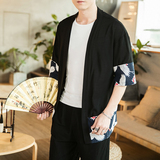 风夏装男士大码拼接七分袖汉服麻本开衫F11P60控78，男装风衣，钱塘713