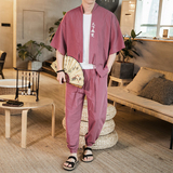 2023夏季风男棉麻亚麻短袖T恤七分袖长裤（套装）TZ05/P100，男装休闲套装，钱塘713