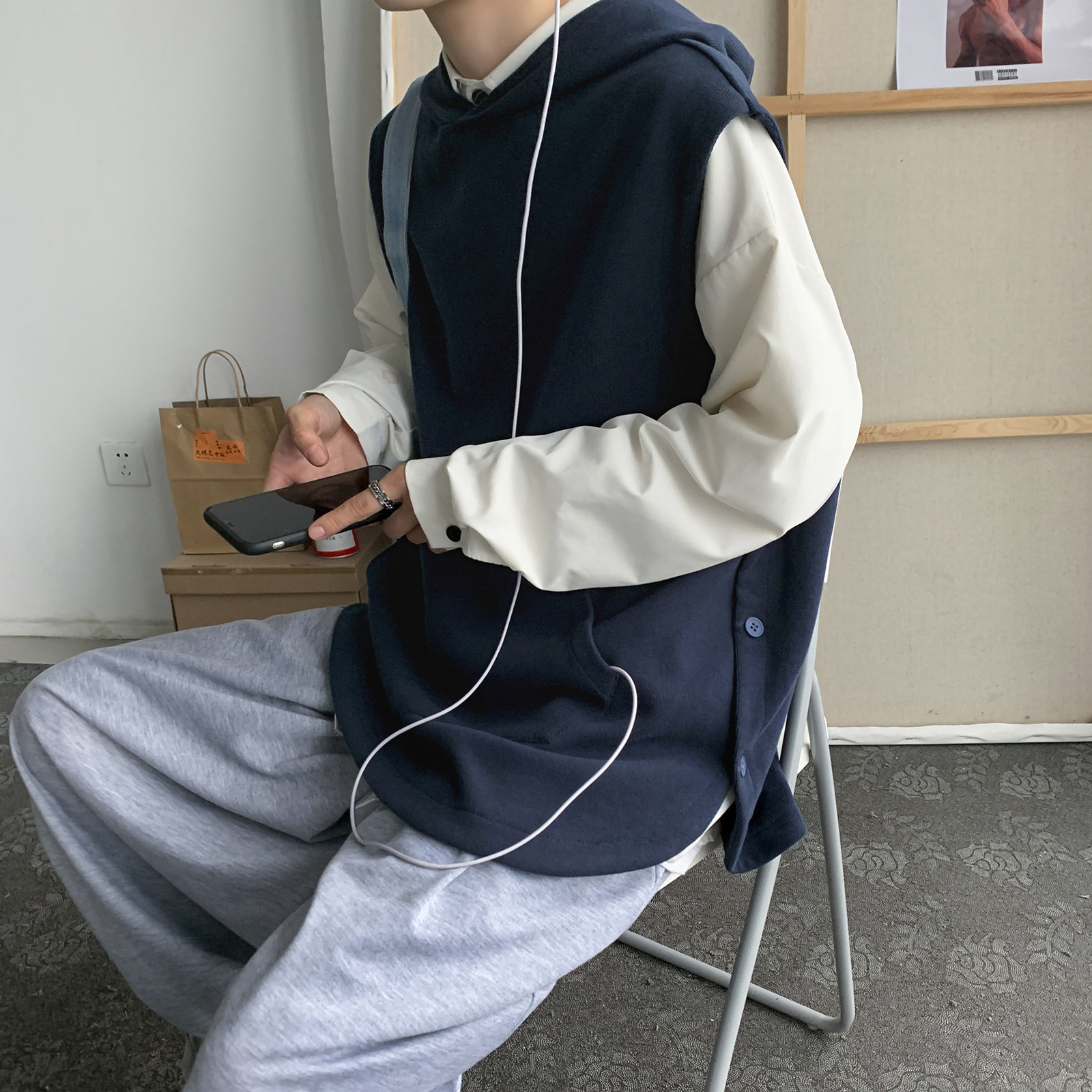 秋冬港风针织背心宽松休闲慵懒风毛线连帽马甲情侣H204/，男装背心/马甲，钱塘713