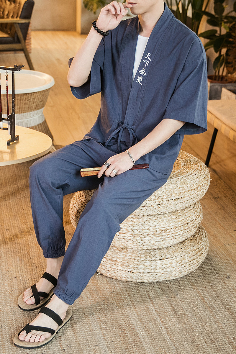 2023夏季风男棉麻亚麻短袖T恤七分袖长裤（套装）TZ05/P100,男装休闲套装,钱塘713