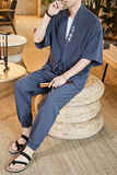 2023夏季风男棉麻亚麻短袖T恤七分袖长裤（套装）TZ05/P100，男装休闲套装，钱塘713