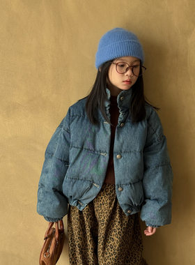 末小蒙童棉服2025秋冬韩版女童短款牛仔蓝色立领儿童宽松面包服