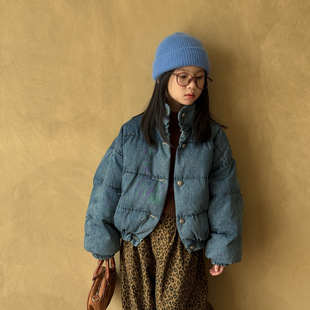 末小蒙童棉服2025秋冬韩版女童短款牛仔蓝色立领儿童宽松面包服