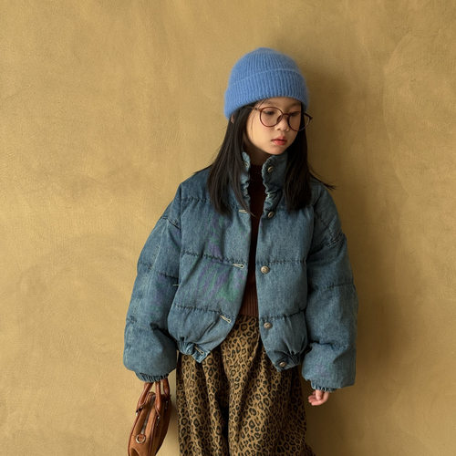 末小蒙童棉服2025秋冬韩版女童短款牛仔蓝色立领儿童宽松面包服
