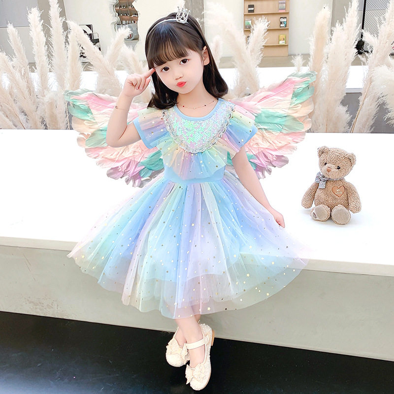 春款季爱莎公主裙女童秋季款装彩虹长袖连衣裙子翅膀蓬蓬纱