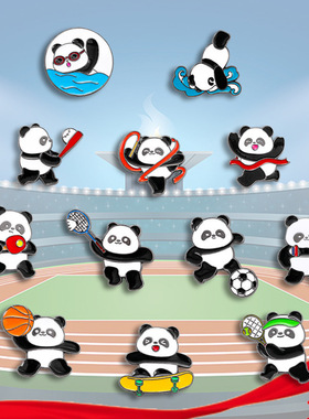 2024年巴黎运动会熊猫徽章Pin羽毛球乒乓球胸针纪念体育运动胸章