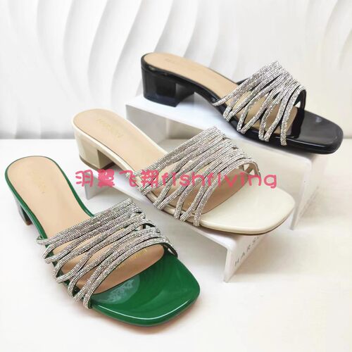 哈森专柜正品满钻绿色白色黑色亮皮低方跟34码女皮凉拖鞋HM236037
