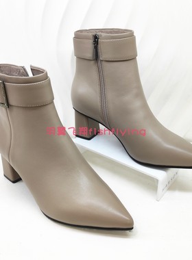 卡迪娜专柜正品冬季灰色尖头粗方跟简约加绒保暖女短筒靴KA221548