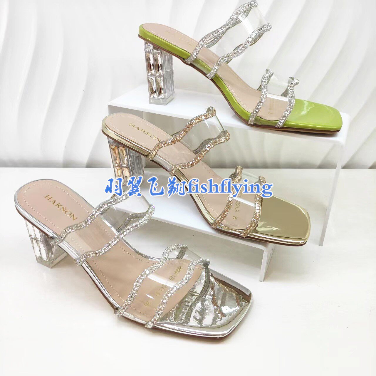 HM267139正品哈森26夏季金银色水晶跟粗高跟方头胶片烫钻女凉拖鞋