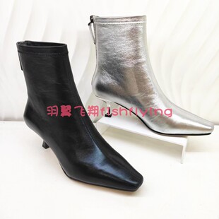 HA236505哈森专柜断码春秋冬季靴小跟小方头银色时装女短靴子