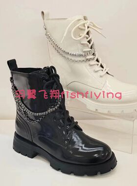 正品Harson/哈森亮皮低跟厚底圆头金属链子女短筒马丁靴HA17160