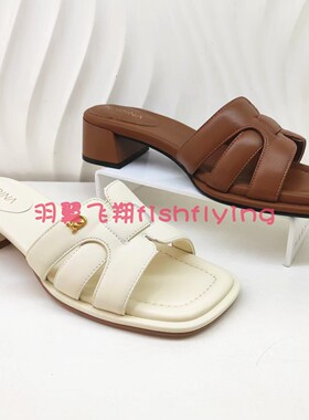 KM251542卡迪娜专柜正品2025夏季真皮编织粗方跟外穿时装女凉拖鞋