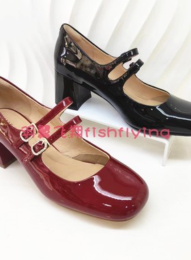 HL237101哈森专柜正品2023秋季新细带酒红漆皮粗高跟玛丽珍女单鞋