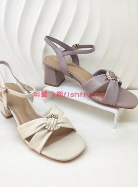 卡迪娜专柜正品2022年夏季新款露趾浅紫色粗高跟女凉鞋KM221558