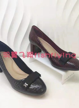 哈森2021秋新新粗高跟蝴蝶结圆头酒红色牛漆皮40码女单鞋HL17178