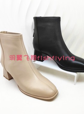 哈森专柜正品2022秋冬靴新粗中跟后拉链通勤百搭女短单靴HA228801