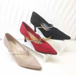 专柜正品哈森断码春秋季细高跟浅口尖头挂带红色女鞋婚鞋HL06018