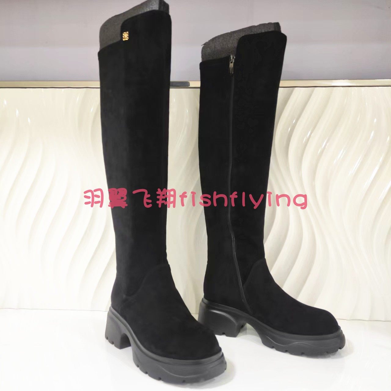 粗方跟弹力拼接女过膝高筒靴子