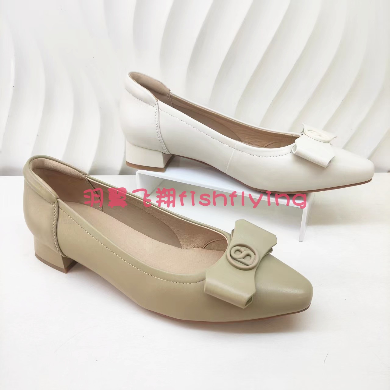 HS257909哈森专柜正品2025春夏新蝴蝶结米白低方跟浅口尖头女单鞋