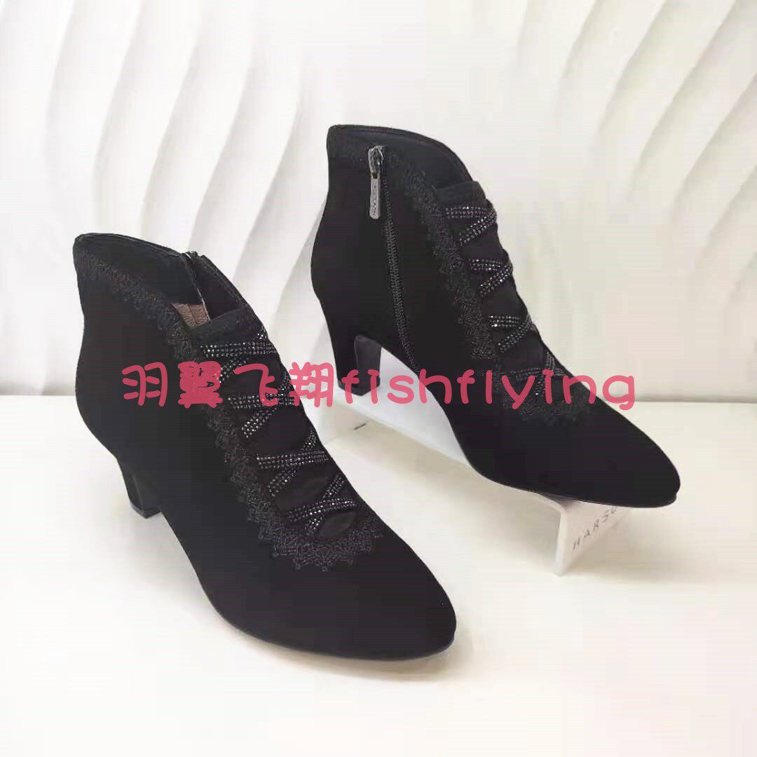 HL17901正品Harson/哈森断码秋冬中方跟钻网纱脚裸女短鞋靴侧拉链