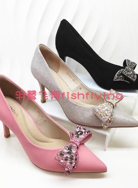 KS241505卡迪娜专柜正品2024春新高跟玛卡粉尖头蝴蝶结婚宴女单鞋