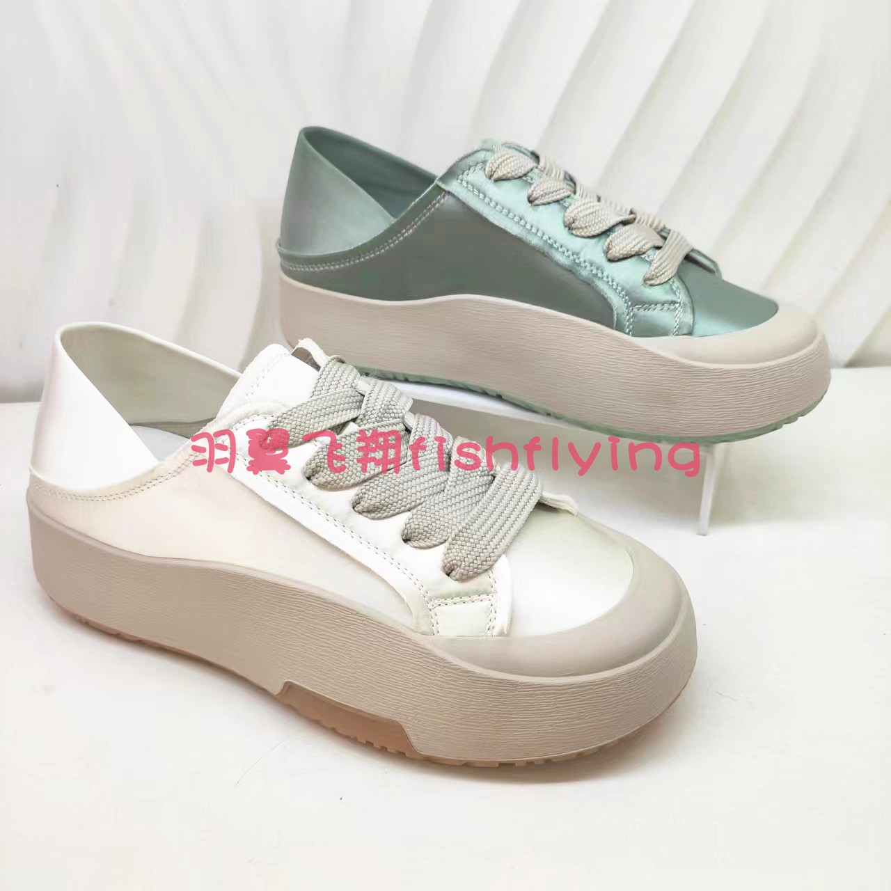 厚底休闲系带白绿色女板鞋小白鞋