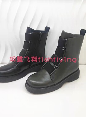 哈森专柜正品断码冬靴平跟厚底圆头军绿松紧绑带女短皮靴HA17181